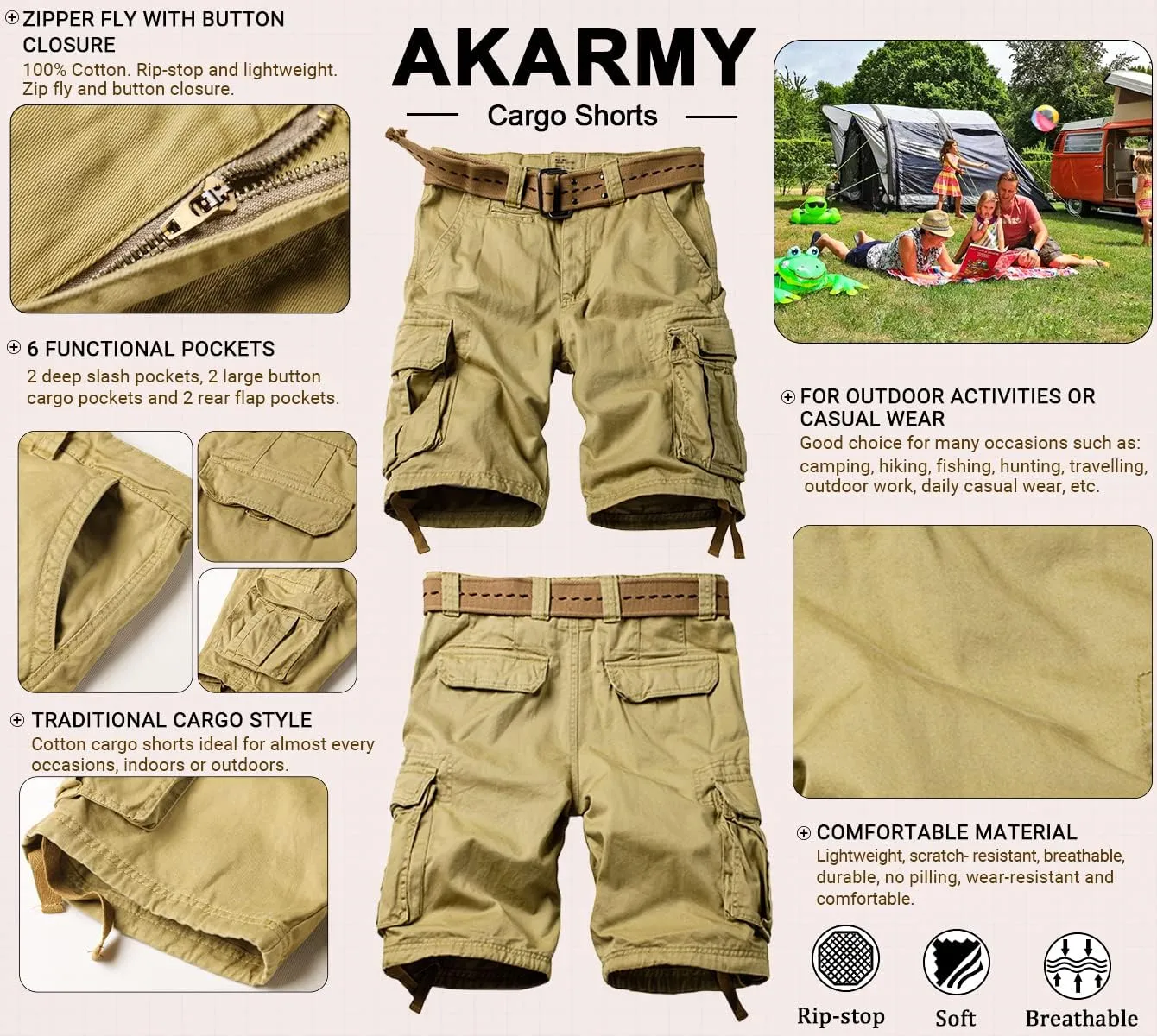 AKARMY Men's Camo Cargo Shorts Outdoor Multi-Pocket Cotton Casual Shorts with No Belt