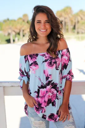 Aqua Floral Off Shoulder Top