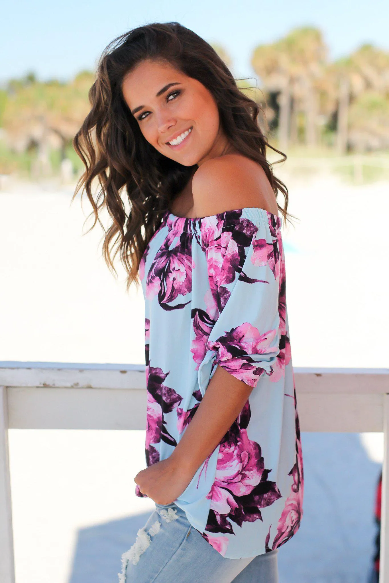 Aqua Floral Off Shoulder Top