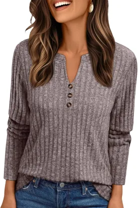 AUTOMET Womens Henley V Neck Long Sleeve Shirt Fall Dreesy Casual Tunic Loose Fit Top Sweater