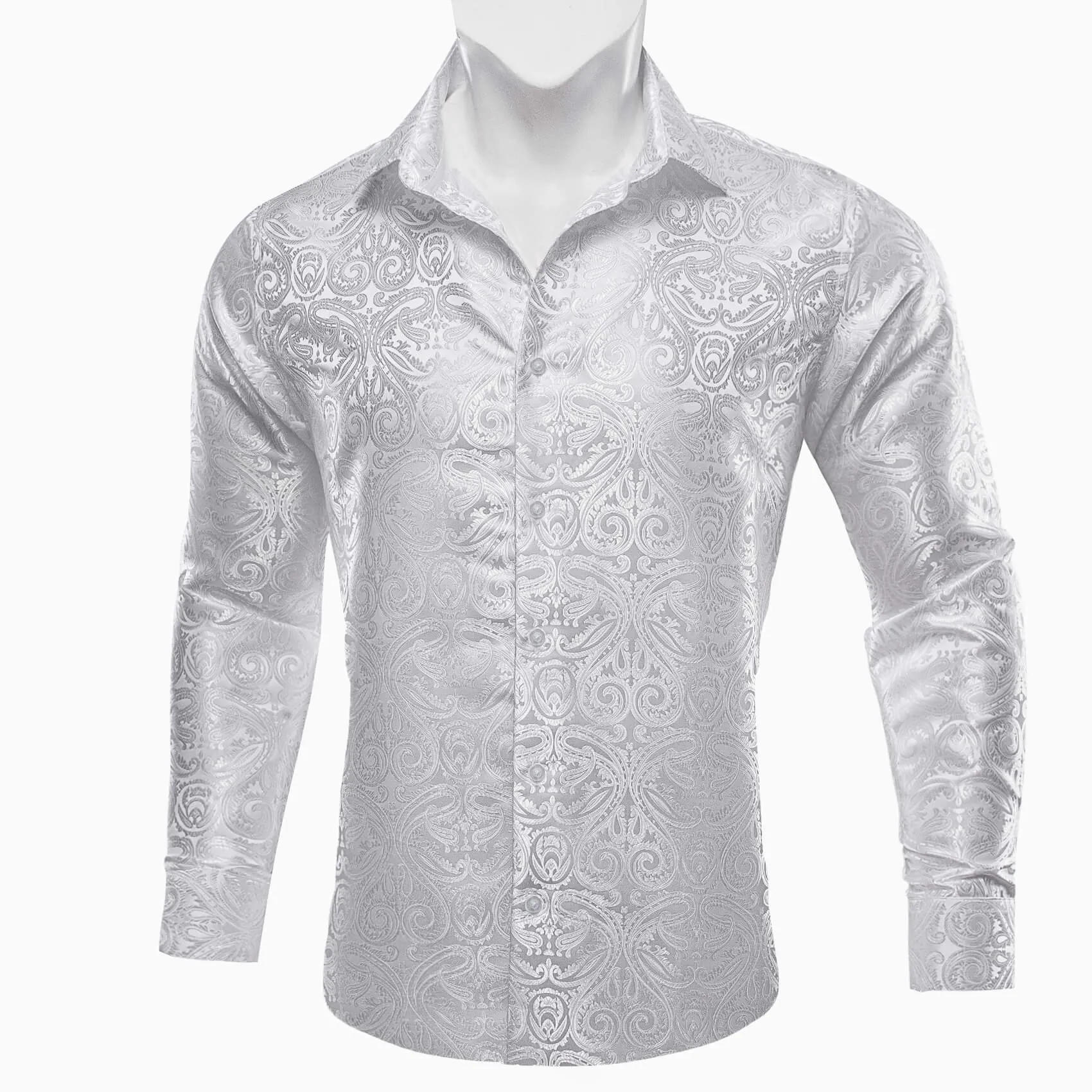 Barry Wang Button Down Shirt White Paisley Men's Silk Long Sleeve Shirt