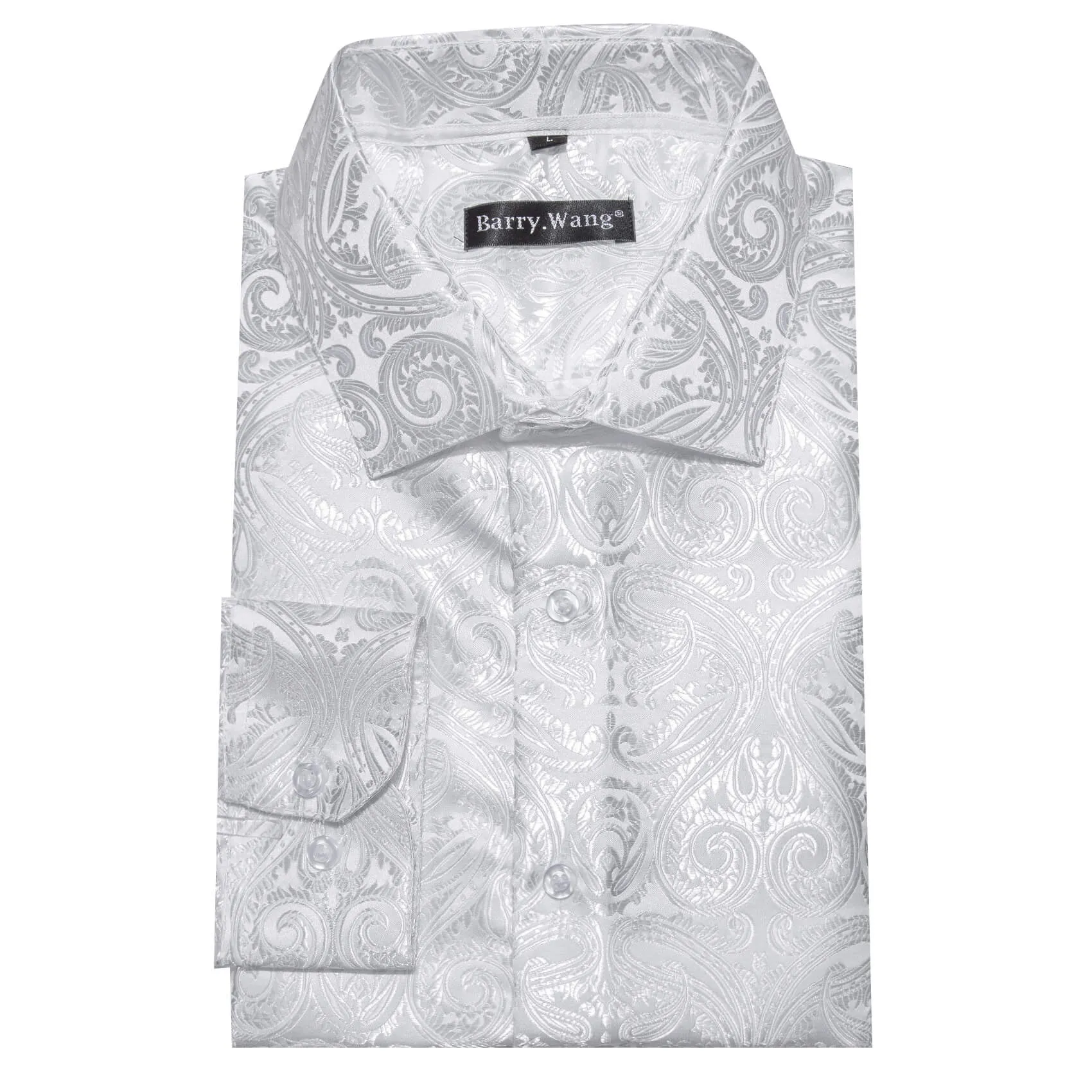 Barry Wang Button Down Shirt White Paisley Men's Silk Long Sleeve Shirt