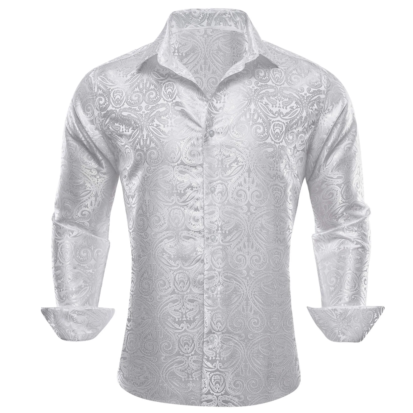 Barry Wang Button Down Shirt White Paisley Men's Silk Long Sleeve Shirt
