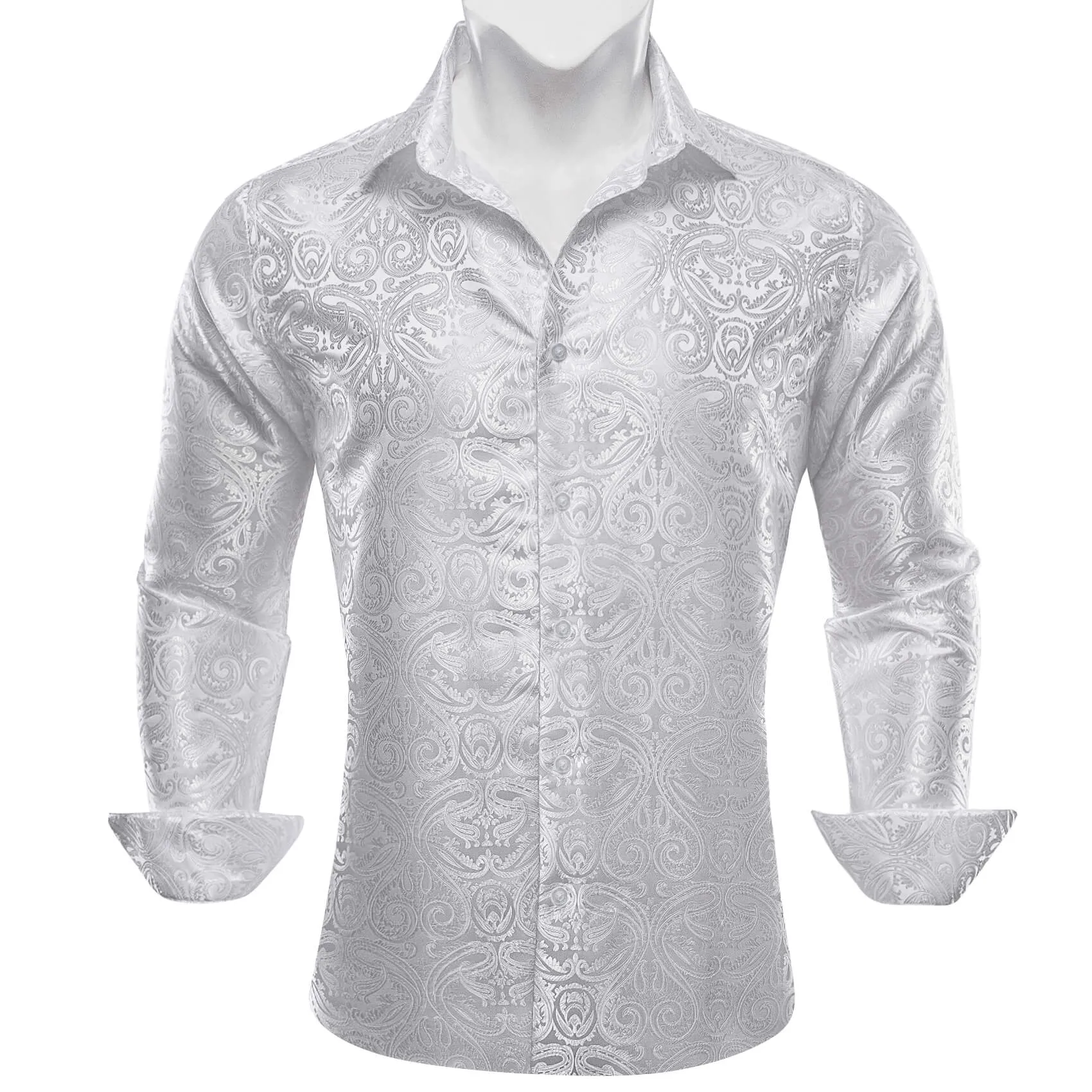 Barry Wang Button Down Shirt White Paisley Men's Silk Long Sleeve Shirt
