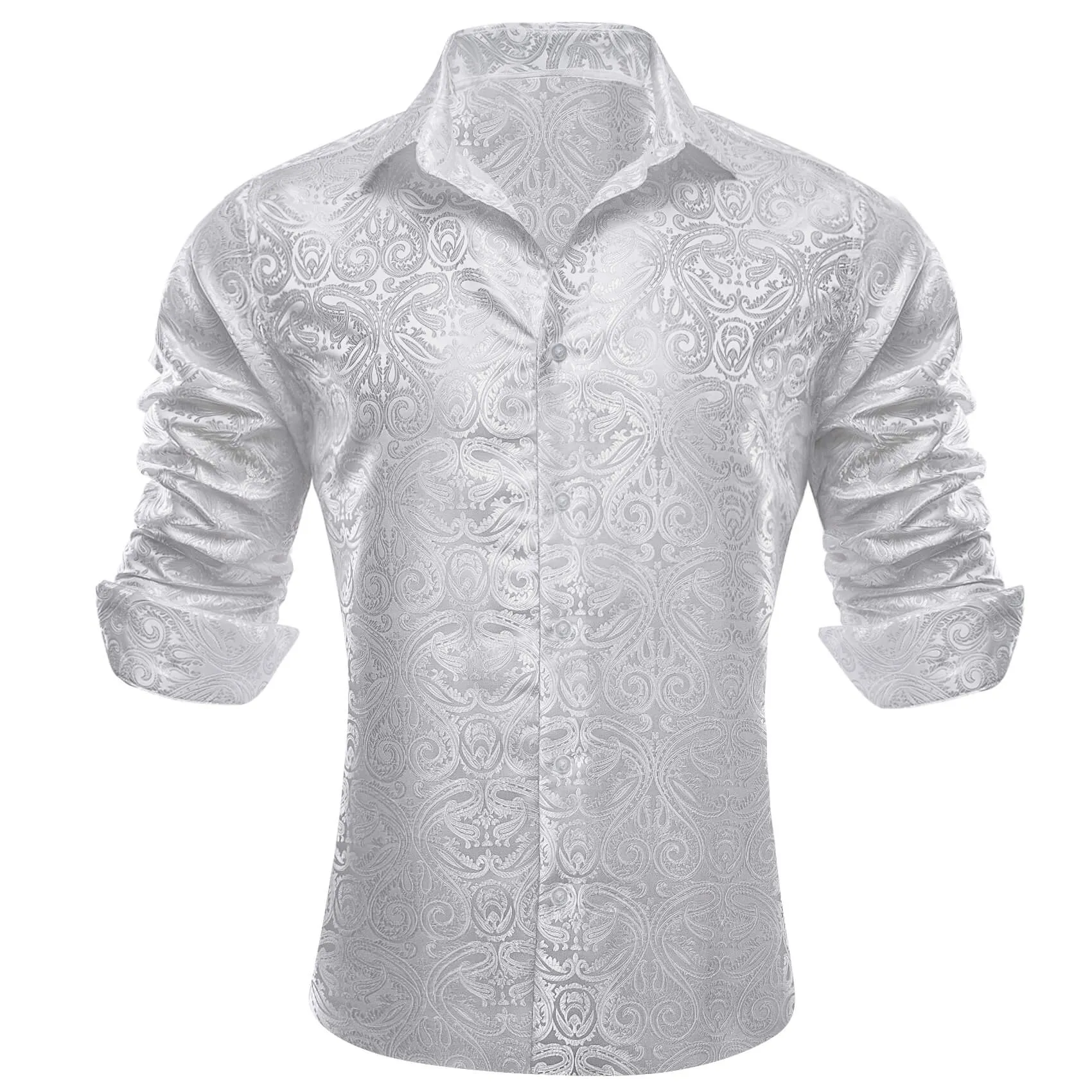 Barry Wang Button Down Shirt White Paisley Men's Silk Long Sleeve Shirt
