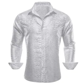 Barry Wang Button Down Shirt White Paisley Men's Silk Long Sleeve Shirt