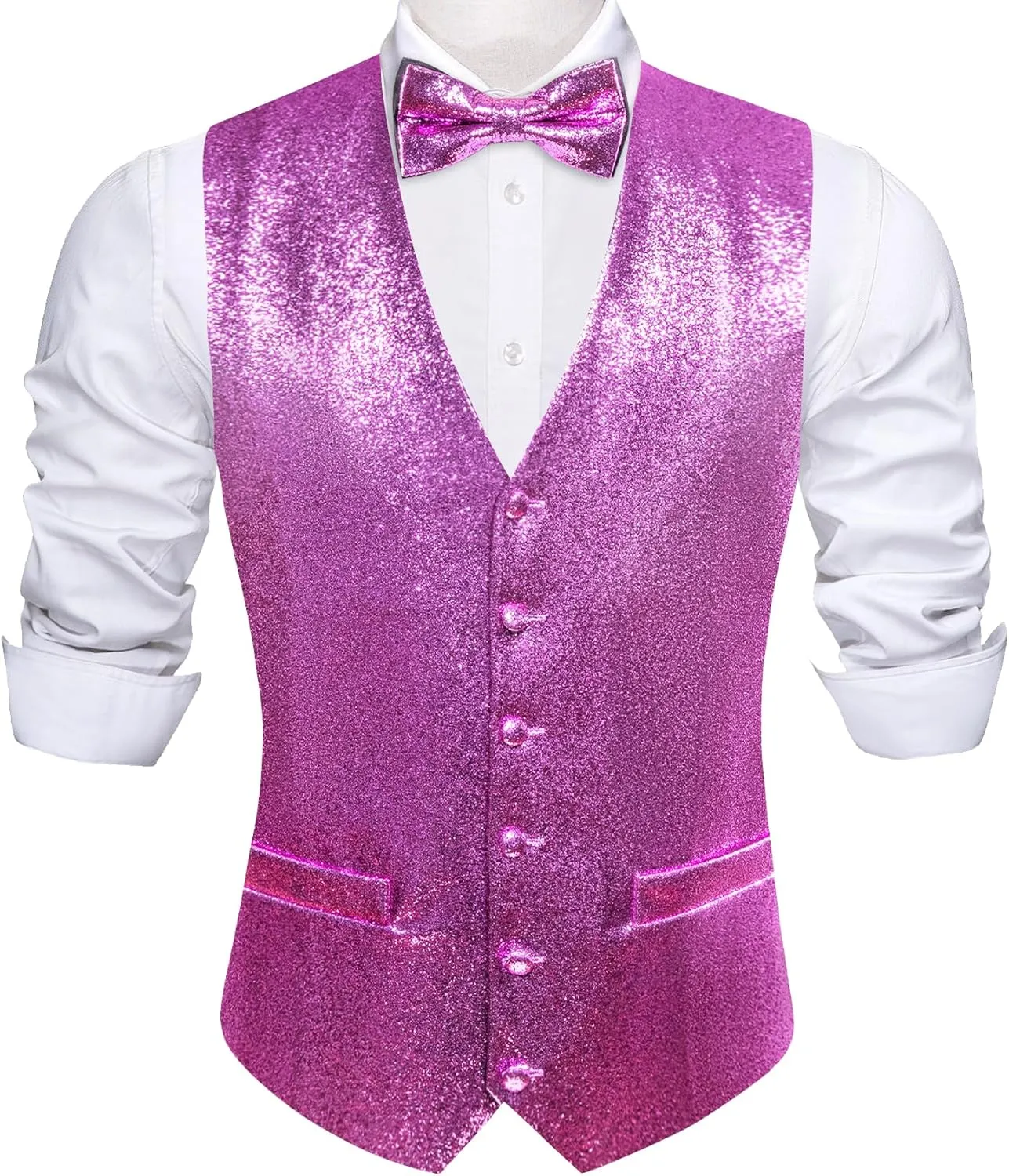 Barry.Wang Mens Shiny Vest V-neck Silm Fit Suit Waistcoat Bowtie Set Party Prom Tuxedo Formal Casual
