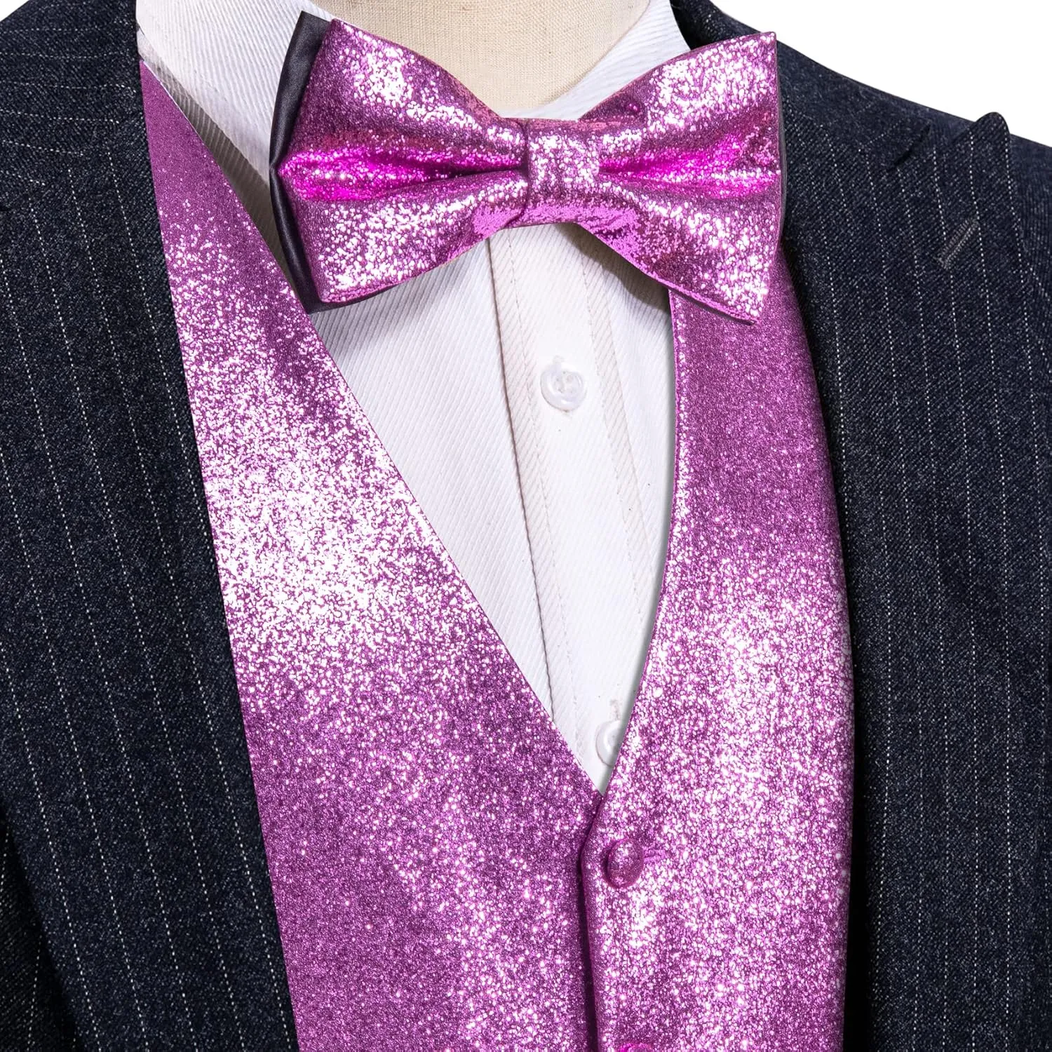 Barry.Wang Mens Shiny Vest V-neck Silm Fit Suit Waistcoat Bowtie Set Party Prom Tuxedo Formal Casual