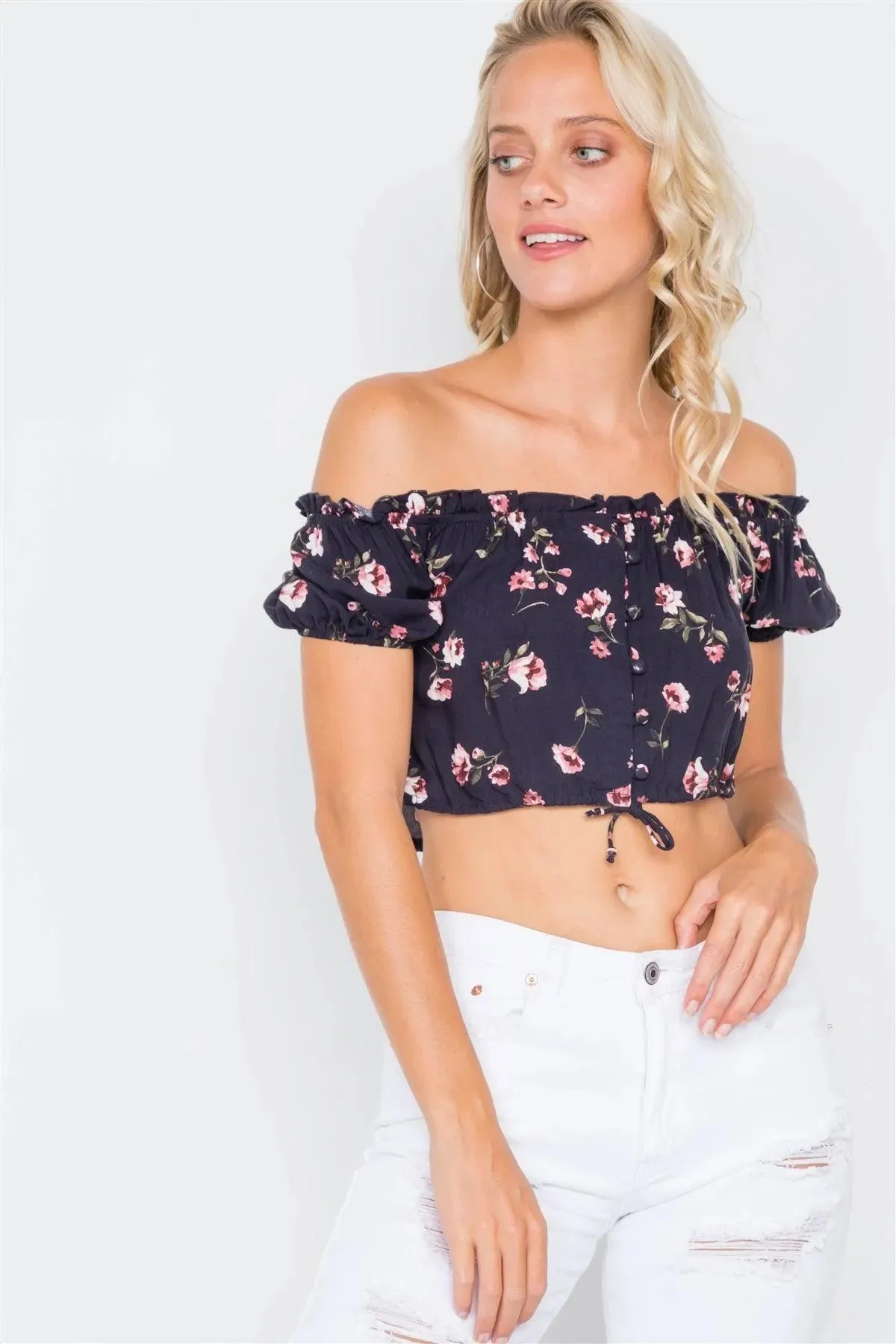Black Boho Floral Off-The-Shoulder Flounce Trim Crop Top /3-2-1