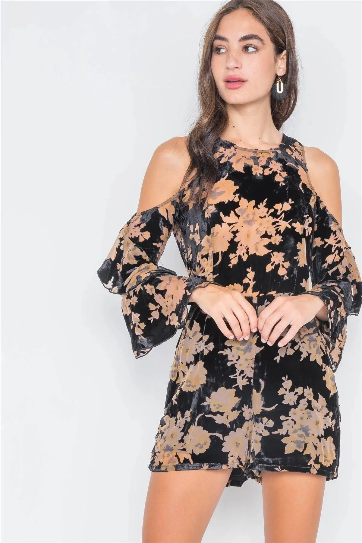 Black Mustard Floral Cold Shoulder Bell Sleeve Romper /2-2