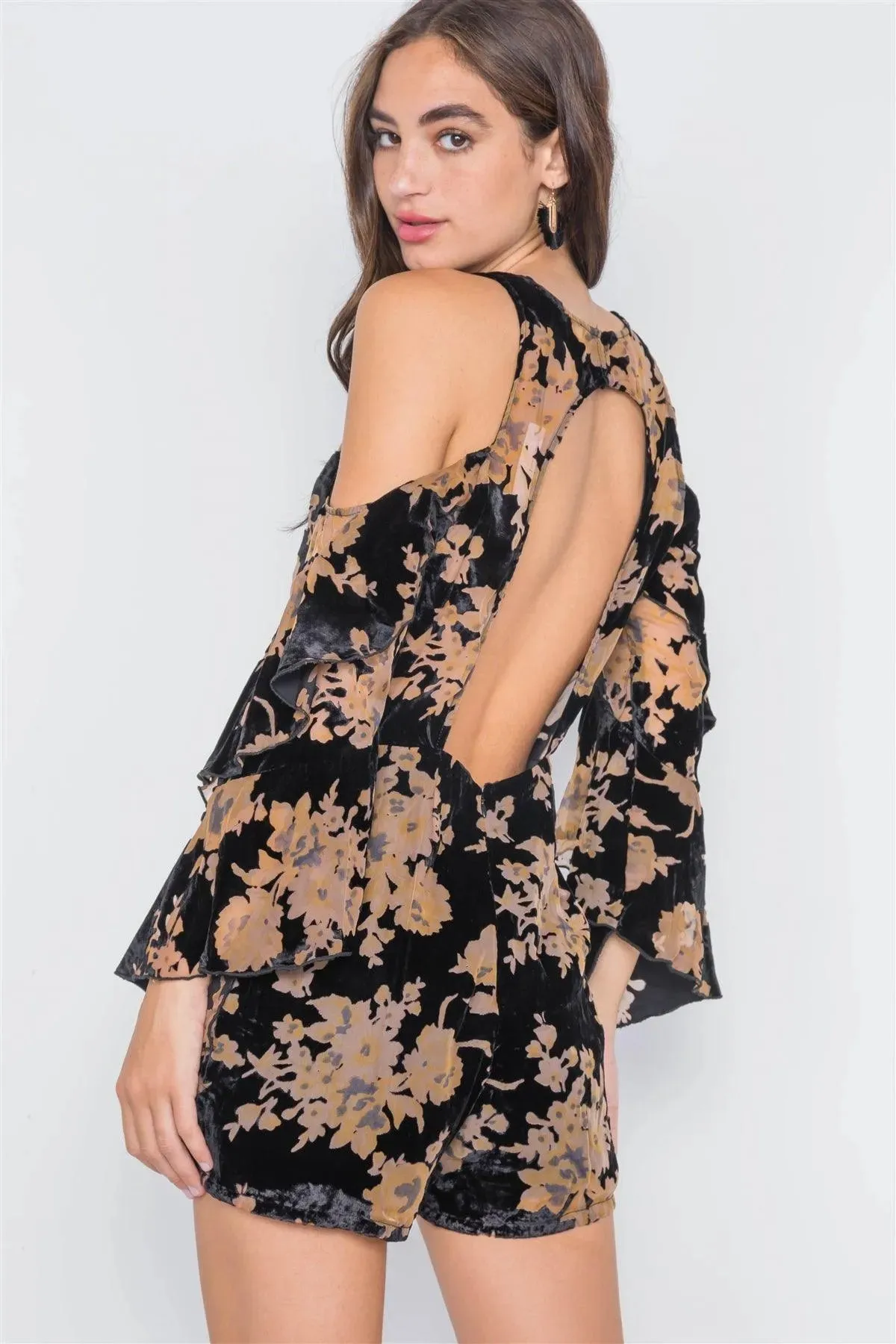 Black Mustard Floral Cold Shoulder Bell Sleeve Romper /2-2
