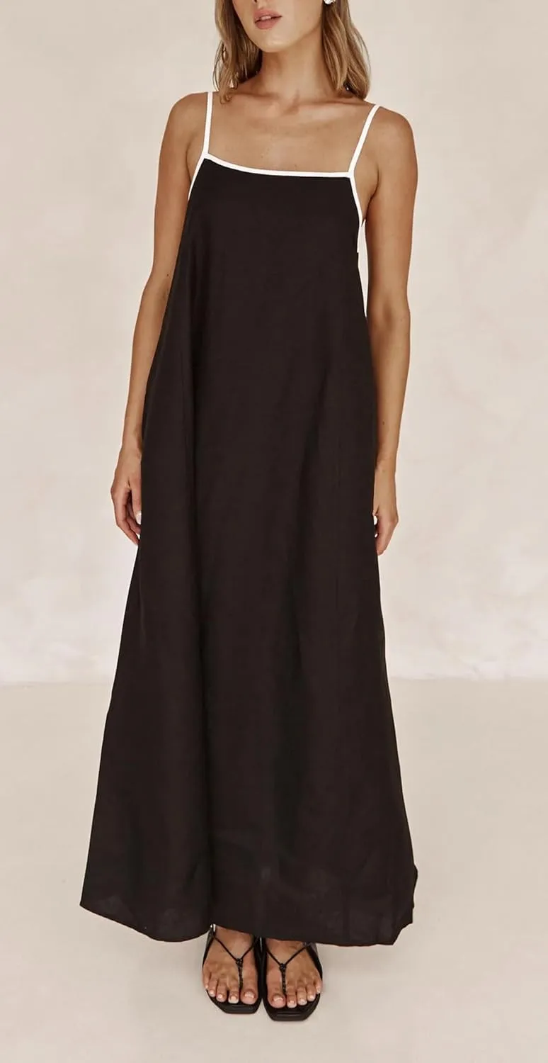 CHARTOU Women Summer Spaghetti Straps Linen Sleeveless Maxi Long Flowy Dress