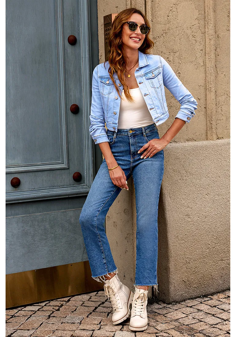 Cool Blue Women's Basic Long Sleeves Fitted Denim Cropped Jacket