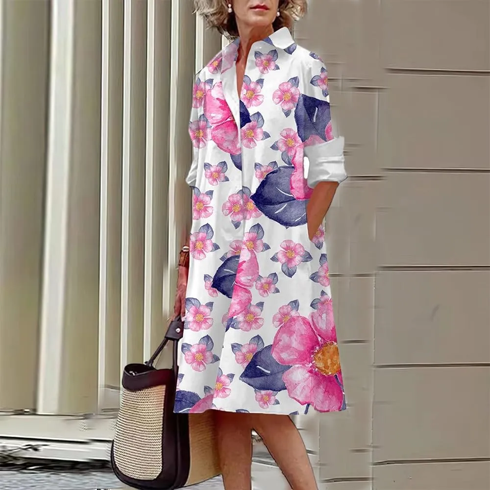 Costaric Women's Long Sleeve Button Down Shirt Dress Cotton Linen V Neck Loose Fit Casual Shirt Dresses with Pockets