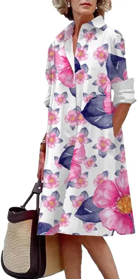 Costaric Women's Long Sleeve Button Down Shirt Dress Cotton Linen V Neck Loose Fit Casual Shirt Dresses with Pockets