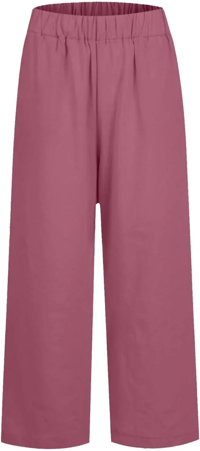 Cropped Linen Pants Women Summer Elastic Waist Straight Leg Plus Size Crop Pants Casual Beach Trousers with Pockets