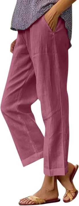Cropped Linen Pants Women Summer Elastic Waist Straight Leg Plus Size Crop Pants Casual Beach Trousers with Pockets
