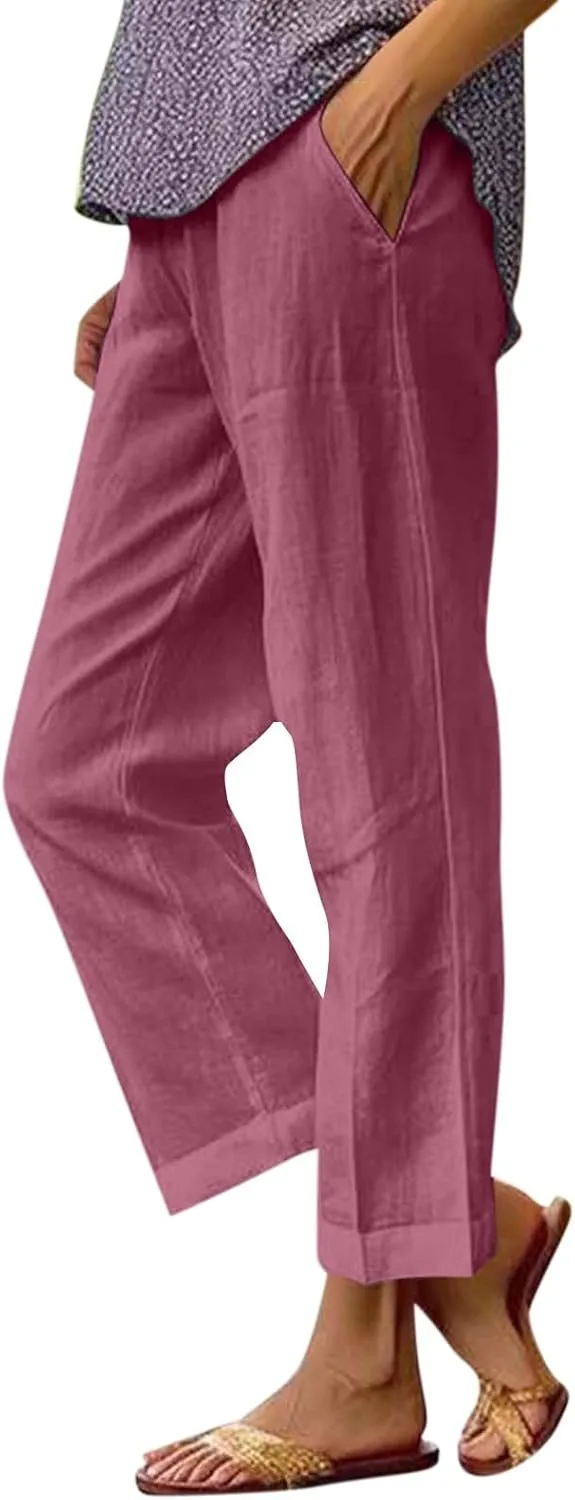 Cropped Linen Pants Women Summer Elastic Waist Straight Leg Plus Size Crop Pants Casual Beach Trousers with Pockets