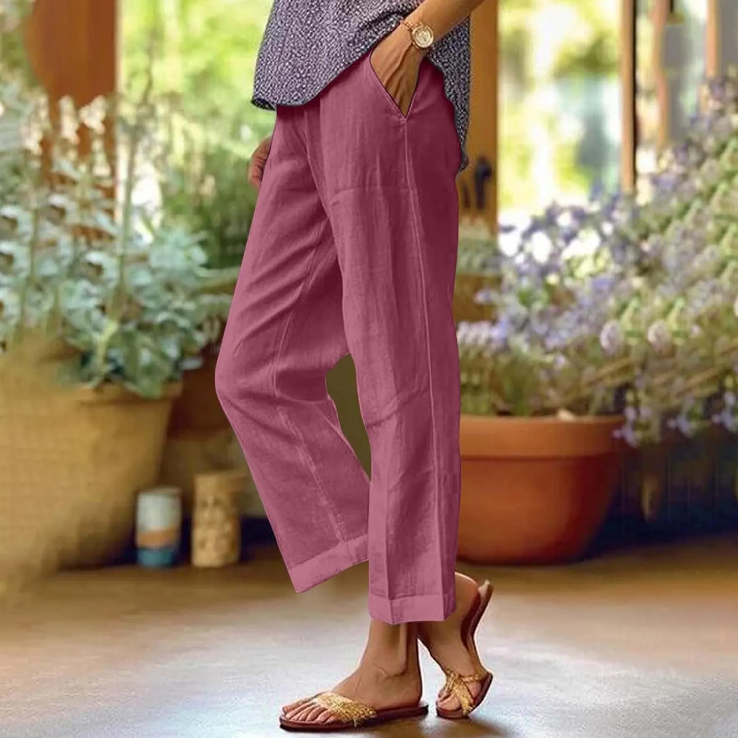 Cropped Linen Pants Women Summer Elastic Waist Straight Leg Plus Size Crop Pants Casual Beach Trousers with Pockets