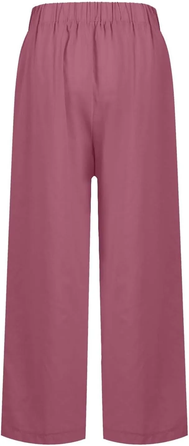 Cropped Linen Pants Women Summer Elastic Waist Straight Leg Plus Size Crop Pants Casual Beach Trousers with Pockets