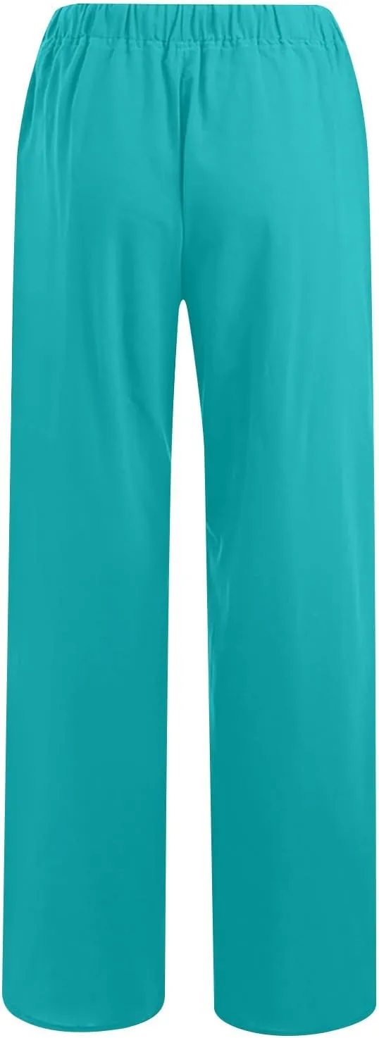 Ctreela Womens Cotton Linen Drawstring Wide Leg Pants High Waisted Casual Loose Trousers with Pockets Elastic Waist Joggers