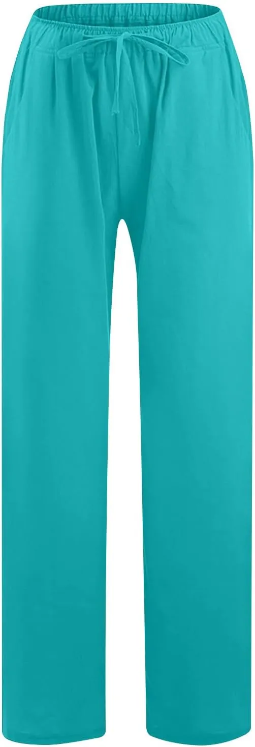 Ctreela Womens Cotton Linen Drawstring Wide Leg Pants High Waisted Casual Loose Trousers with Pockets Elastic Waist Joggers