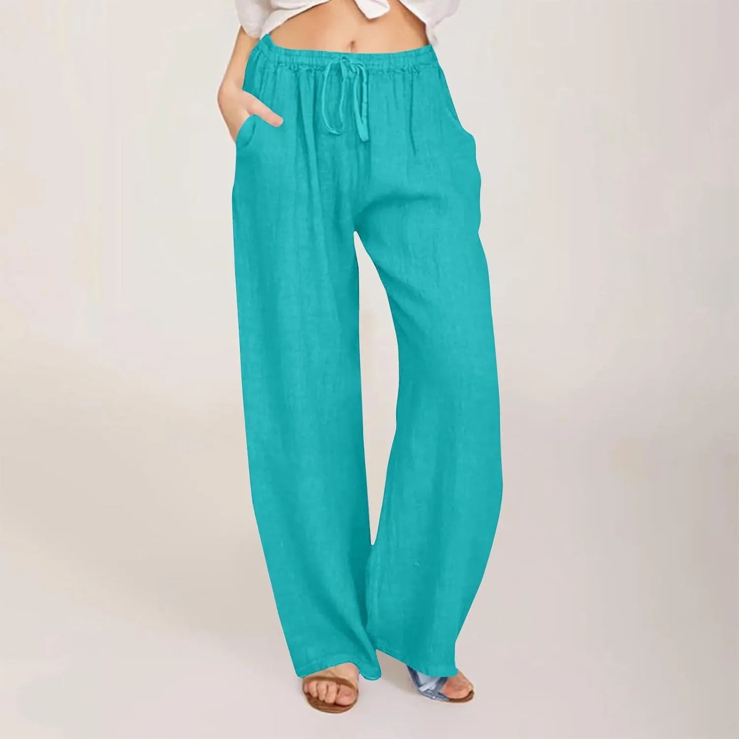 Ctreela Womens Cotton Linen Drawstring Wide Leg Pants High Waisted Casual Loose Trousers with Pockets Elastic Waist Joggers