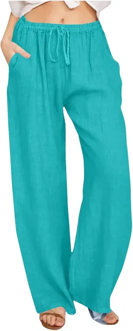 Ctreela Womens Cotton Linen Drawstring Wide Leg Pants High Waisted Casual Loose Trousers with Pockets Elastic Waist Joggers
