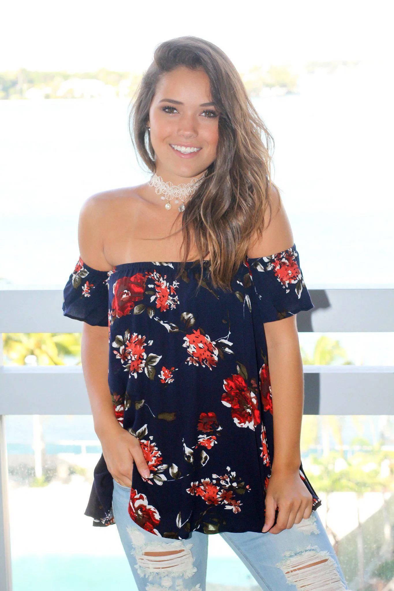 Dark Navy Floral Off Shoulder Top