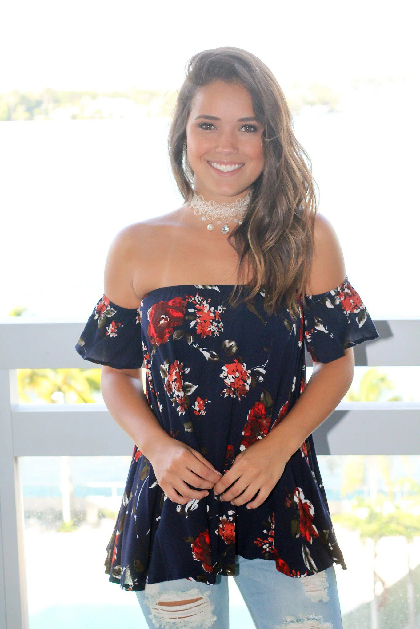 Dark Navy Floral Off Shoulder Top