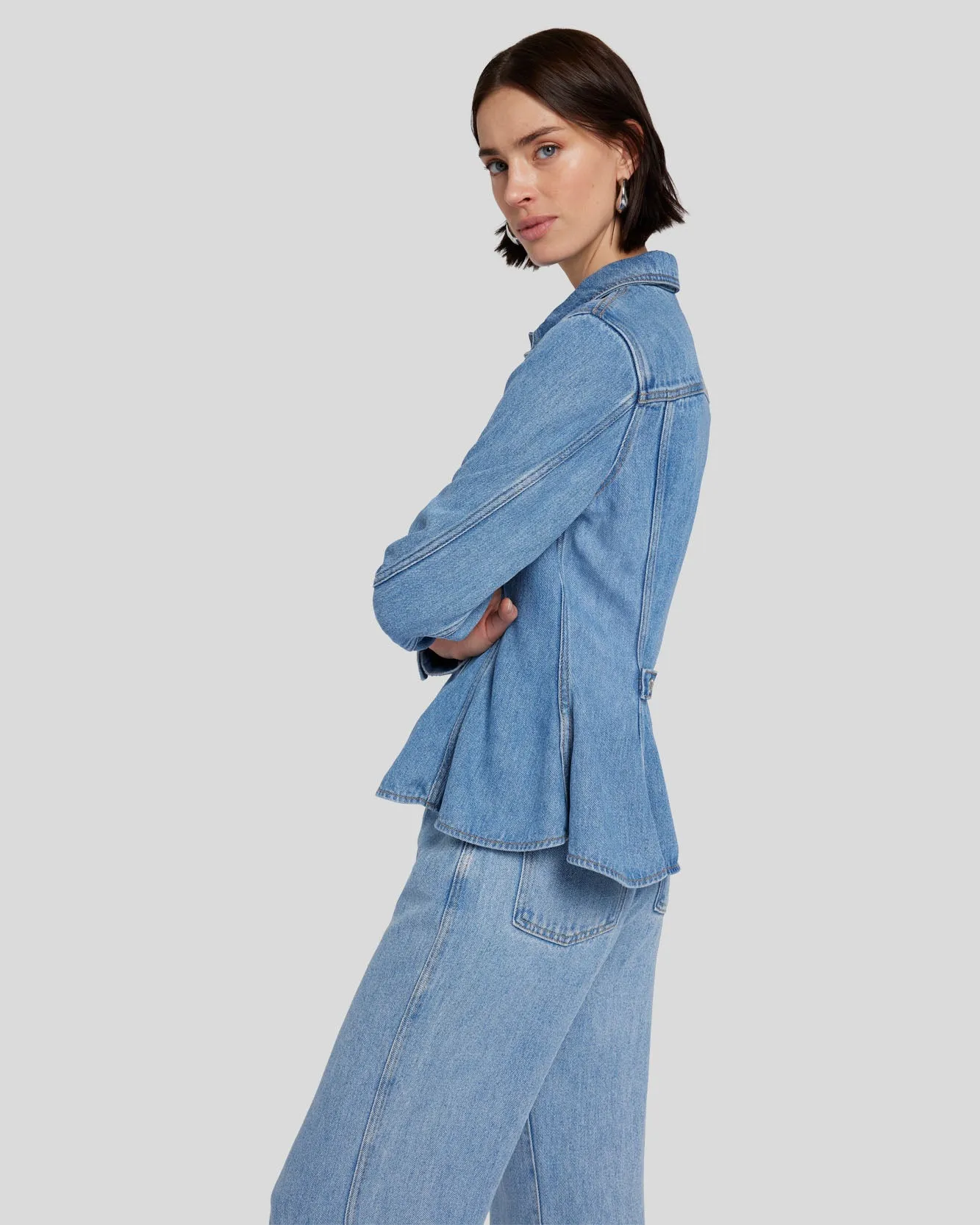 Denim Lustre Flounce Trucker Jacket in Valentine