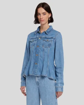 Denim Lustre Flounce Trucker Jacket in Valentine