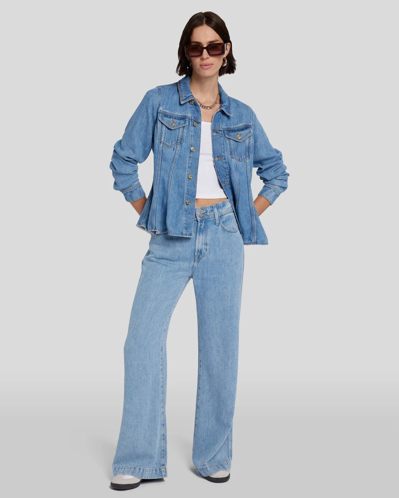 Denim Lustre Flounce Trucker Jacket in Valentine