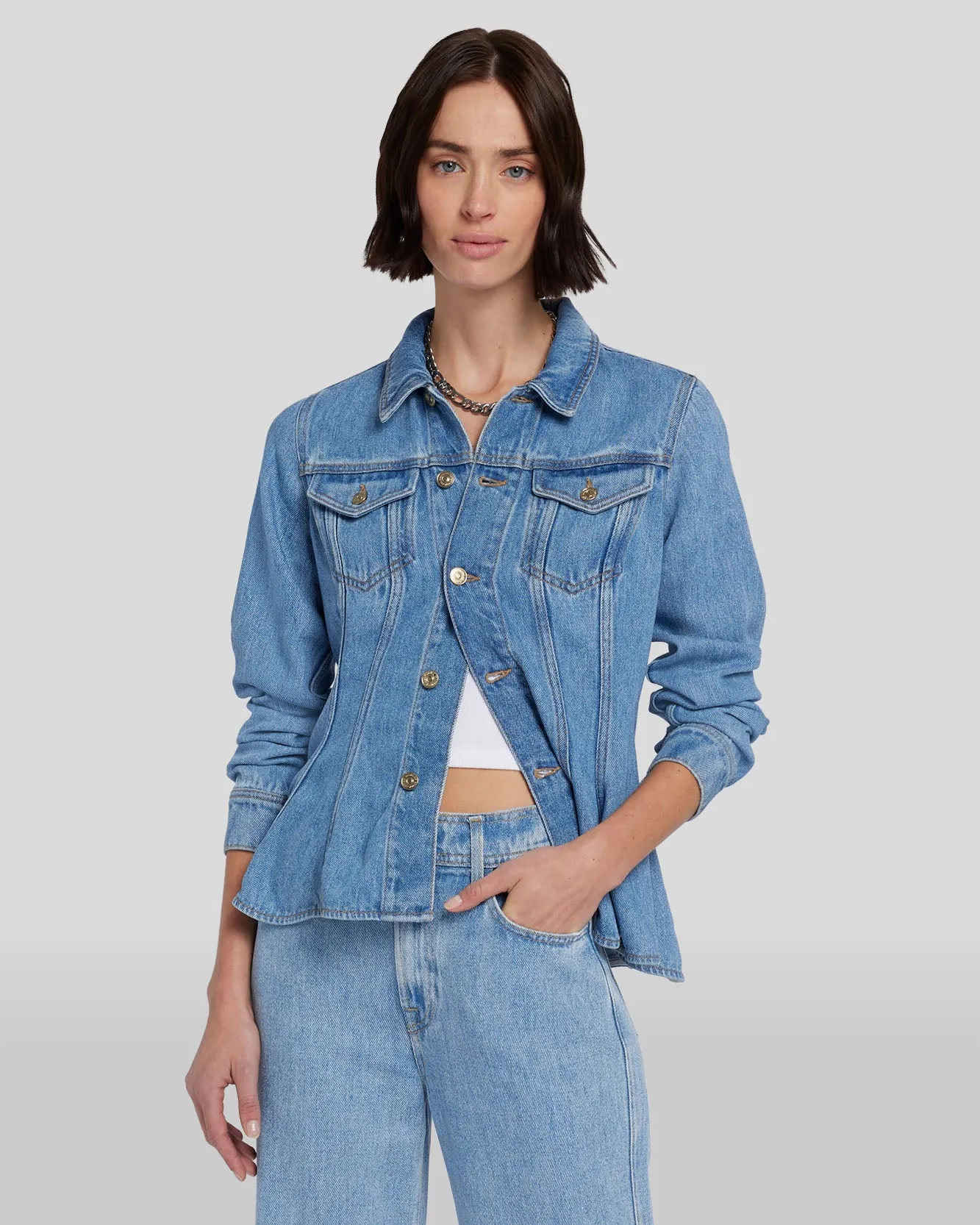 Denim Lustre Flounce Trucker Jacket in Valentine