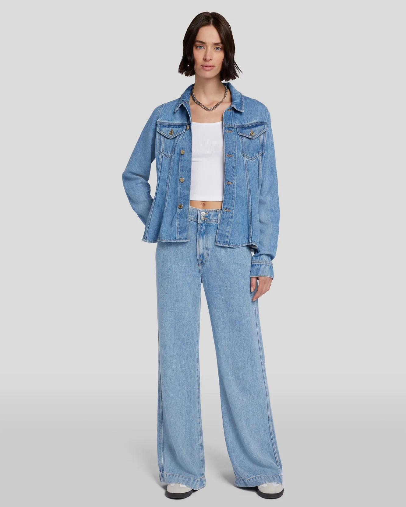 Denim Lustre Flounce Trucker Jacket in Valentine