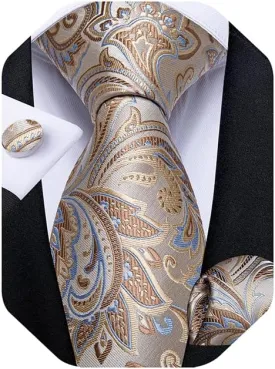 DiBanGu Mens Tie Set Silk Solid Paisley Necktie and Pocket Square Cufflinks Classic Formal Ties for Men Wedding Party