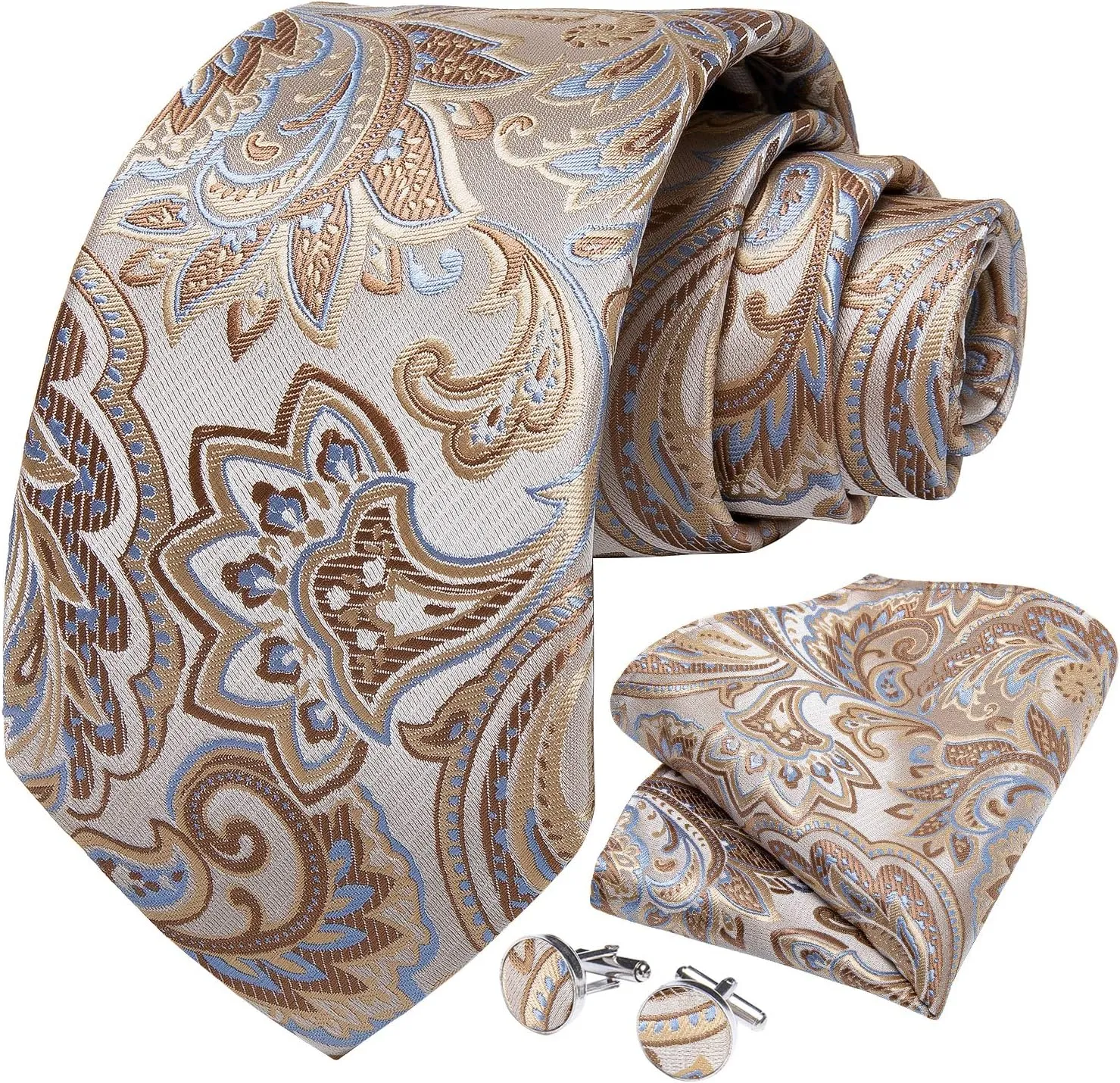 DiBanGu Mens Tie Set Silk Solid Paisley Necktie and Pocket Square Cufflinks Classic Formal Ties for Men Wedding Party