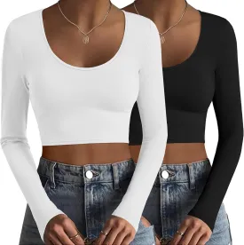 Ekouaer Long Sleeve Crop Tops for Women Scroop Neck Lightweight Basic Base Layer Soft Thermal Undershirts Shirts S-XXL