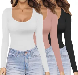 Ekouaer Womens 3 Pack Long Sleeve Shirts Scoop Neck Tops Stretch Fitted Undershirt Lightweight Basic Thermal Tee XS-XXL