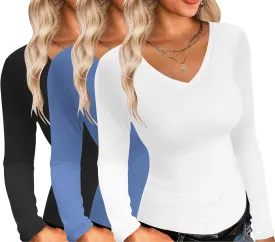Ekouaer Womens 3 Pack Long Sleeve Shirts V Neck Slim Fit Lightweight Layer Tops 2024 Fall Clothes Thermal Undershirts