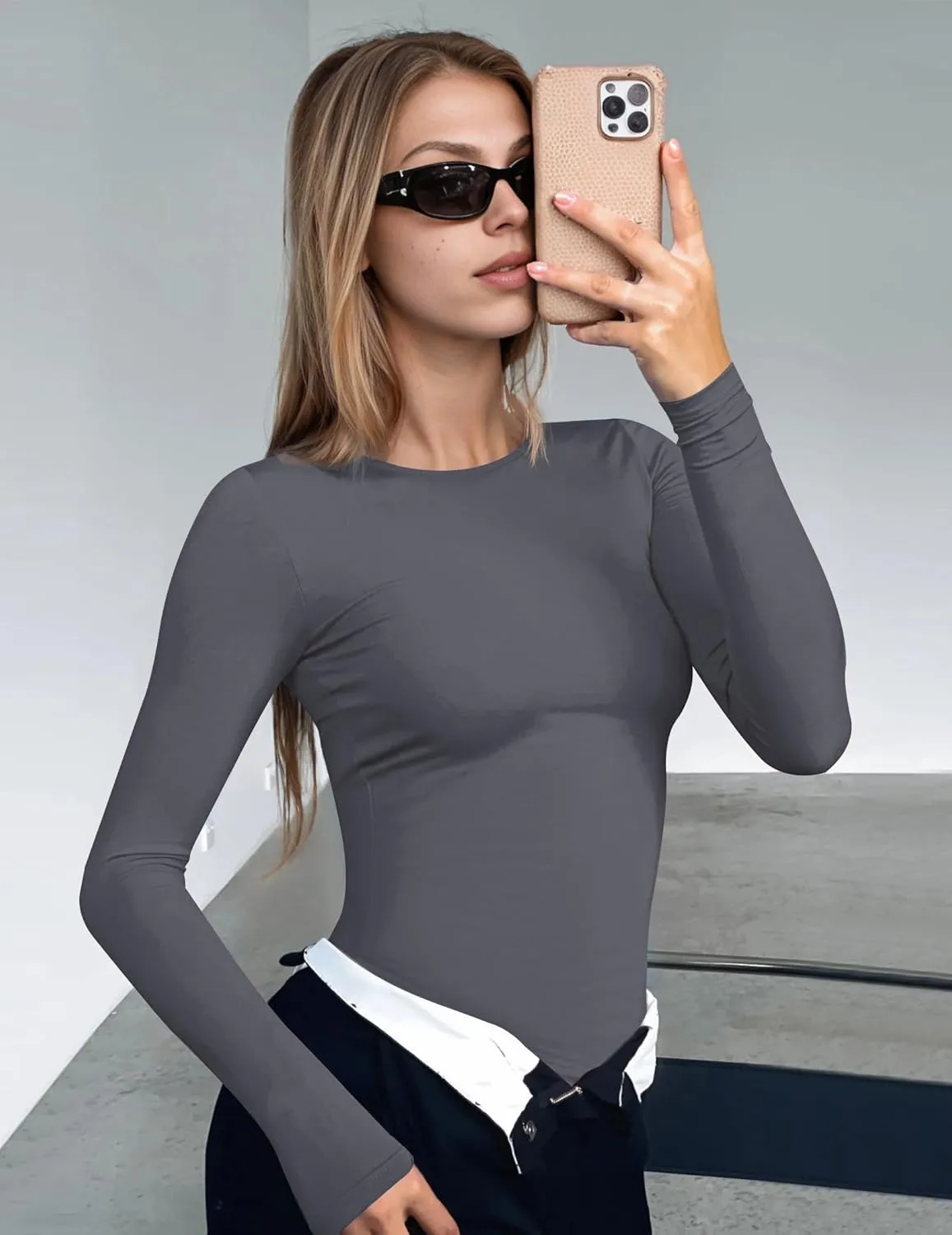 Ekouaer Women's Long Sleeve Shirts Tight Fitted Tops Crewneck Underscrubs Tee Lightweight Basic Thermal Undershirts