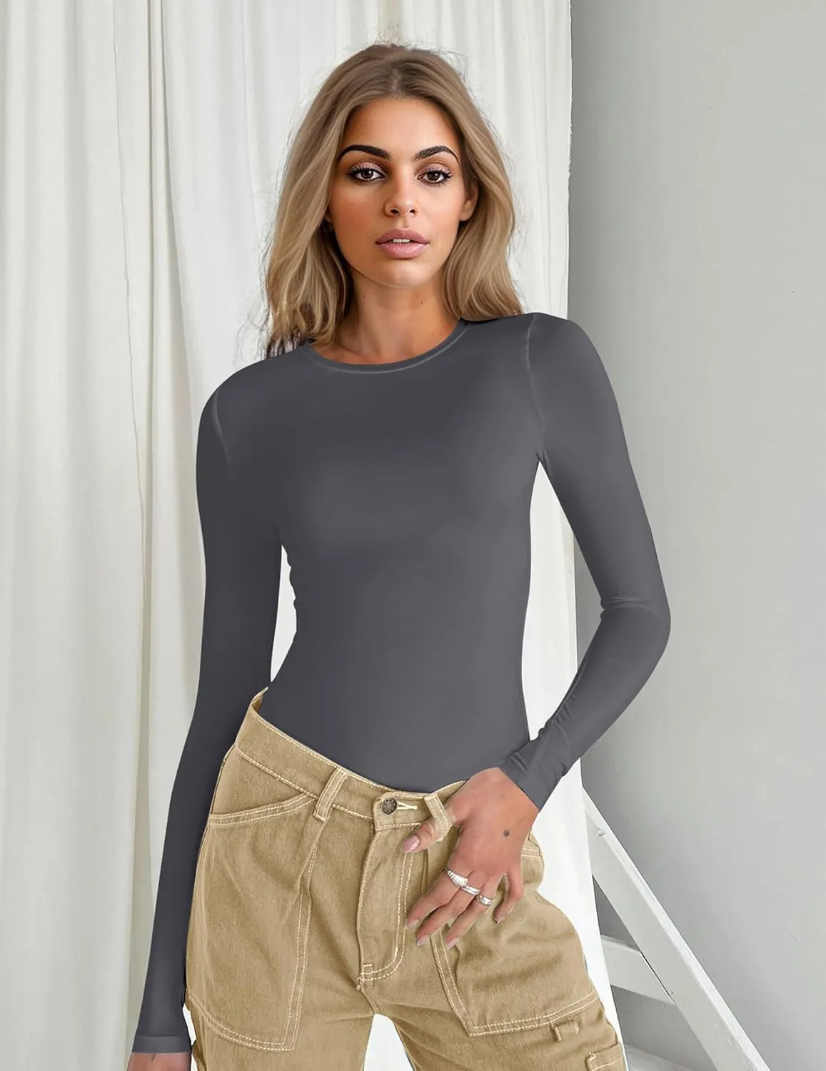 Ekouaer Women's Long Sleeve Shirts Tight Fitted Tops Crewneck Underscrubs Tee Lightweight Basic Thermal Undershirts