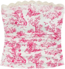 Floerns Women's Allover Print Lace Trim Bowknot Strapless Bandeau Ruched Crop Tube Top