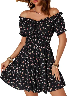 Floerns Women's Boho Floral Print Off Shoulder Ruffle Puff Sleeve Smocked Short Dress