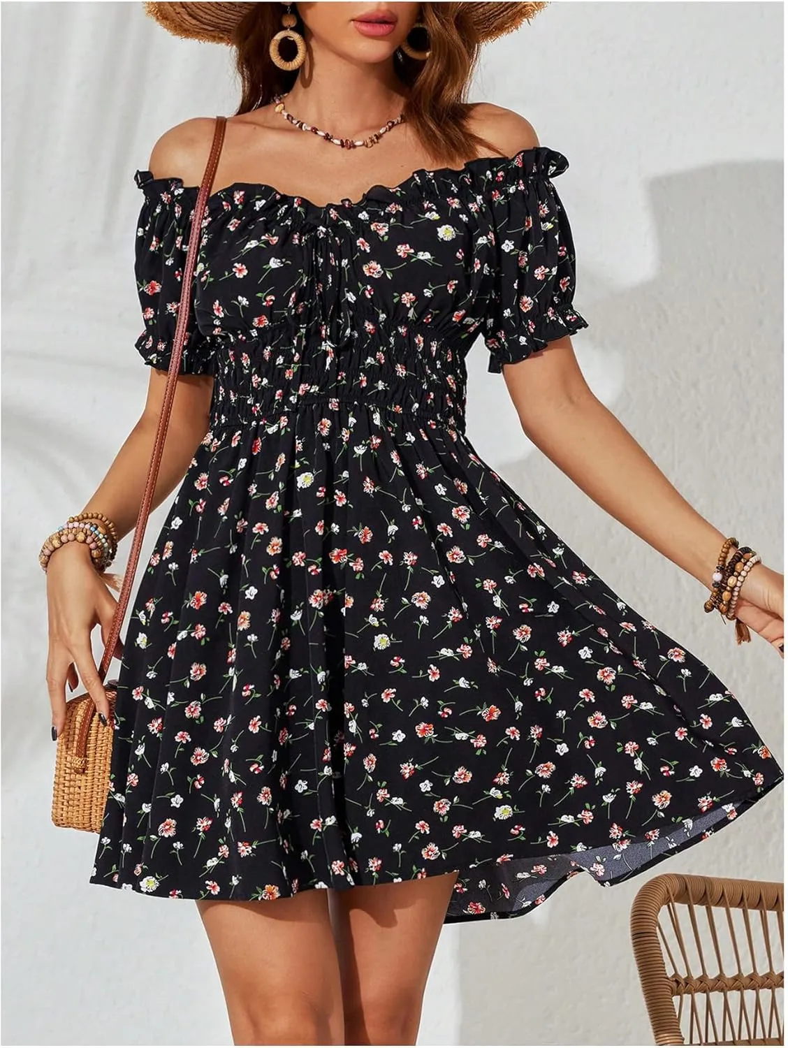 Floerns Women's Boho Floral Print Off Shoulder Ruffle Puff Sleeve Smocked Short Dress