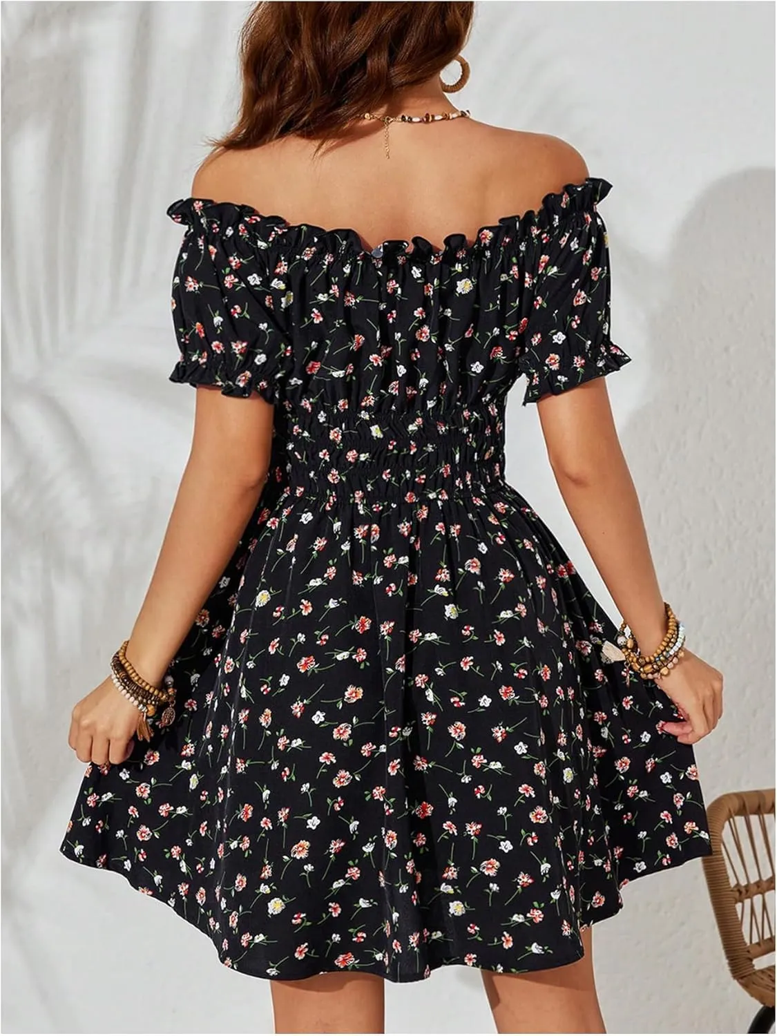 Floerns Women's Boho Floral Print Off Shoulder Ruffle Puff Sleeve Smocked Short Dress