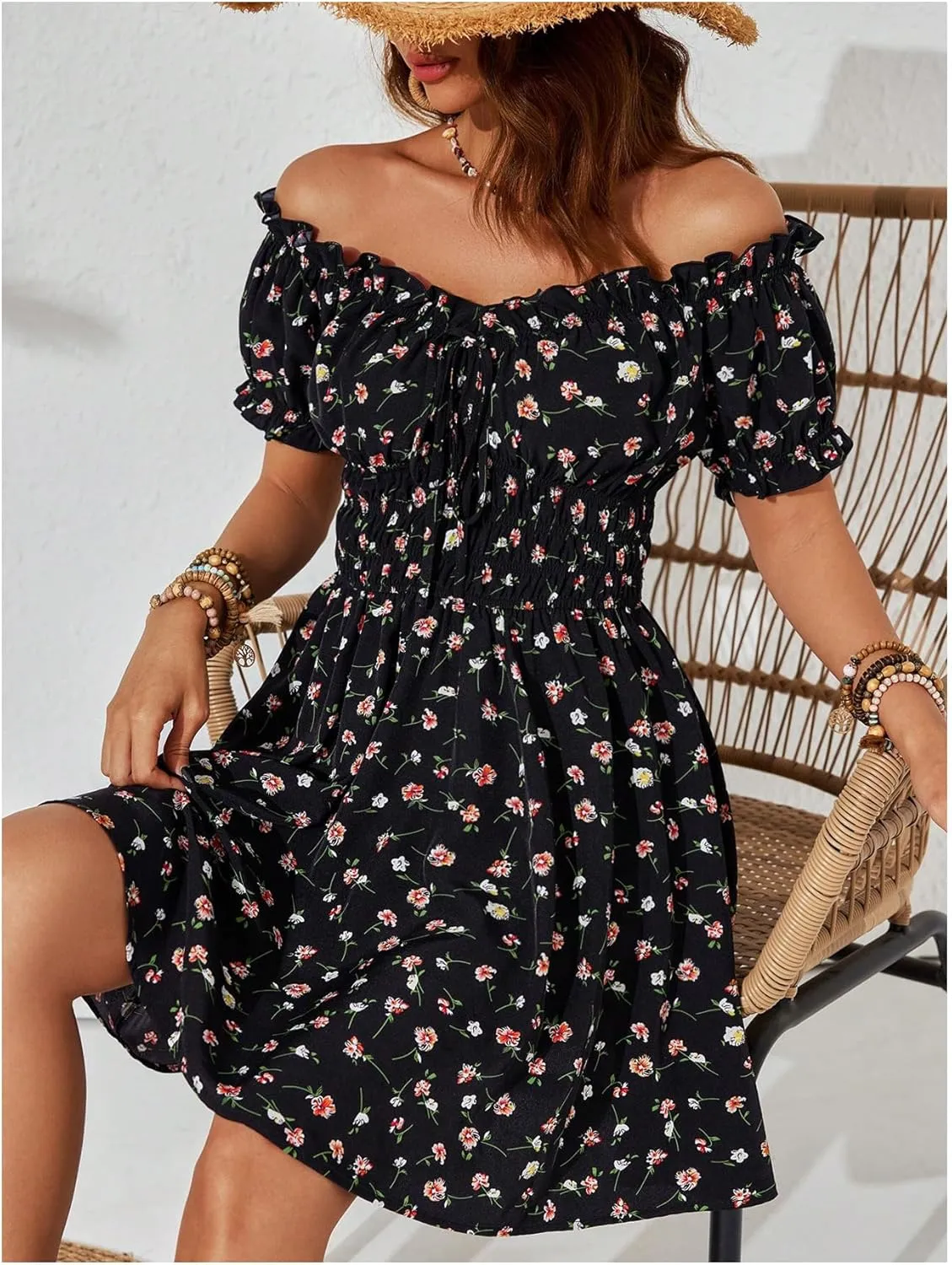 Floerns Women's Boho Floral Print Off Shoulder Ruffle Puff Sleeve Smocked Short Dress