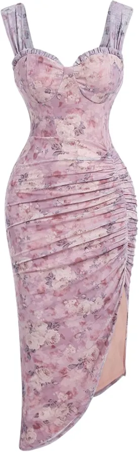 Floerns Women's Floral Print Asymmetrical Slit Hem Ruched Summer Cami Midi Dress