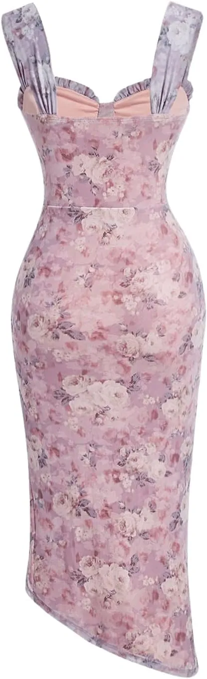 Floerns Women's Floral Print Asymmetrical Slit Hem Ruched Summer Cami Midi Dress