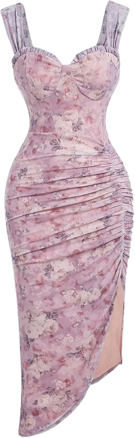 Floerns Women's Floral Print Asymmetrical Slit Hem Ruched Summer Cami Midi Dress